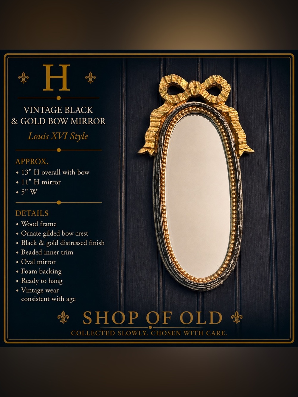 Vintage Black & Gold Bow Mirror | Louis XVI Style Oval Wood Wall Mirror